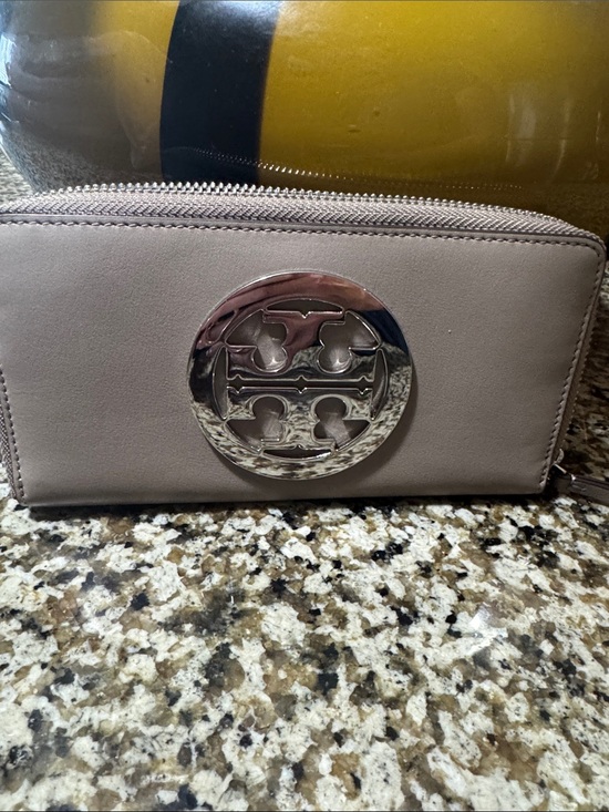 Tory Burch Handbags - Tory Burch Taupe Wallet with Silver Logo Hardware